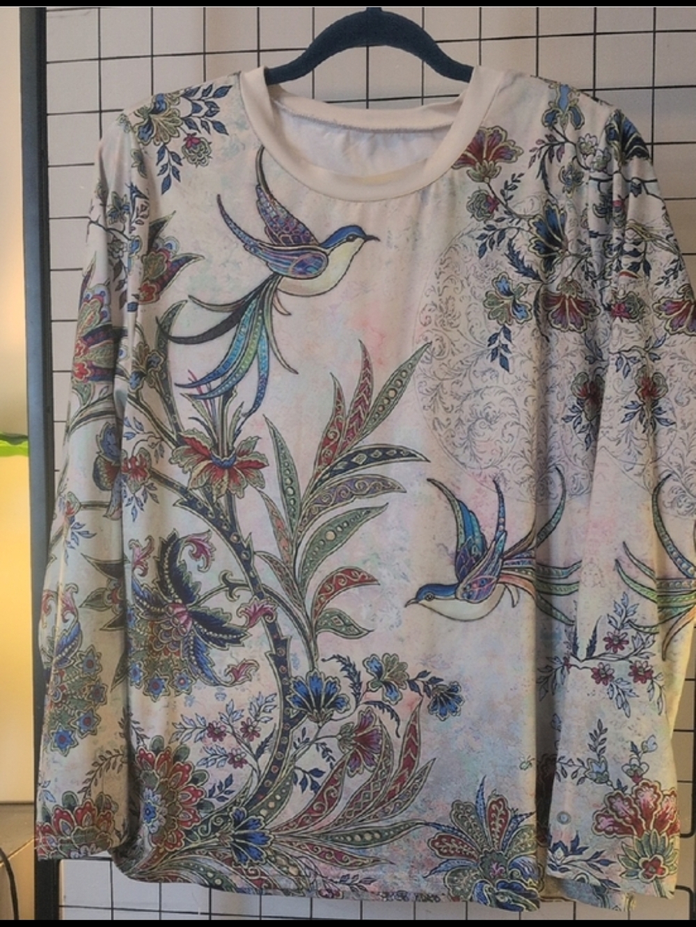 Floral Bird Print Long Sleeve Tee in Cream and Multicolor
